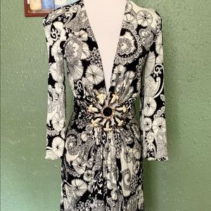 SKY Paisley Deep V Black & White Silk Dress